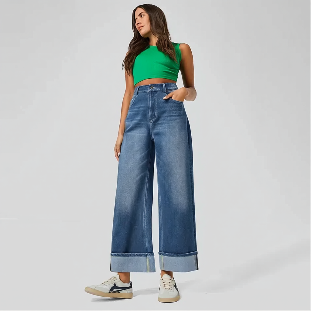 Manciaga Modern Wide-Leg Jeans for Women | Flattering High-Waisted Denim with Cuffed Hem UK