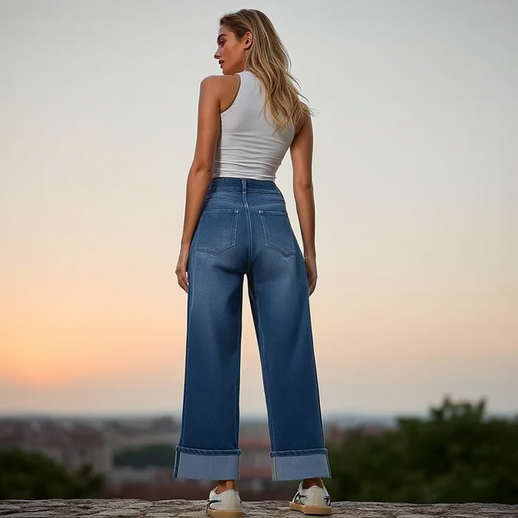 Manciaga Modern Wide-Leg Jeans for Women | Flattering High-Waisted Denim with Cuffed Hem UK