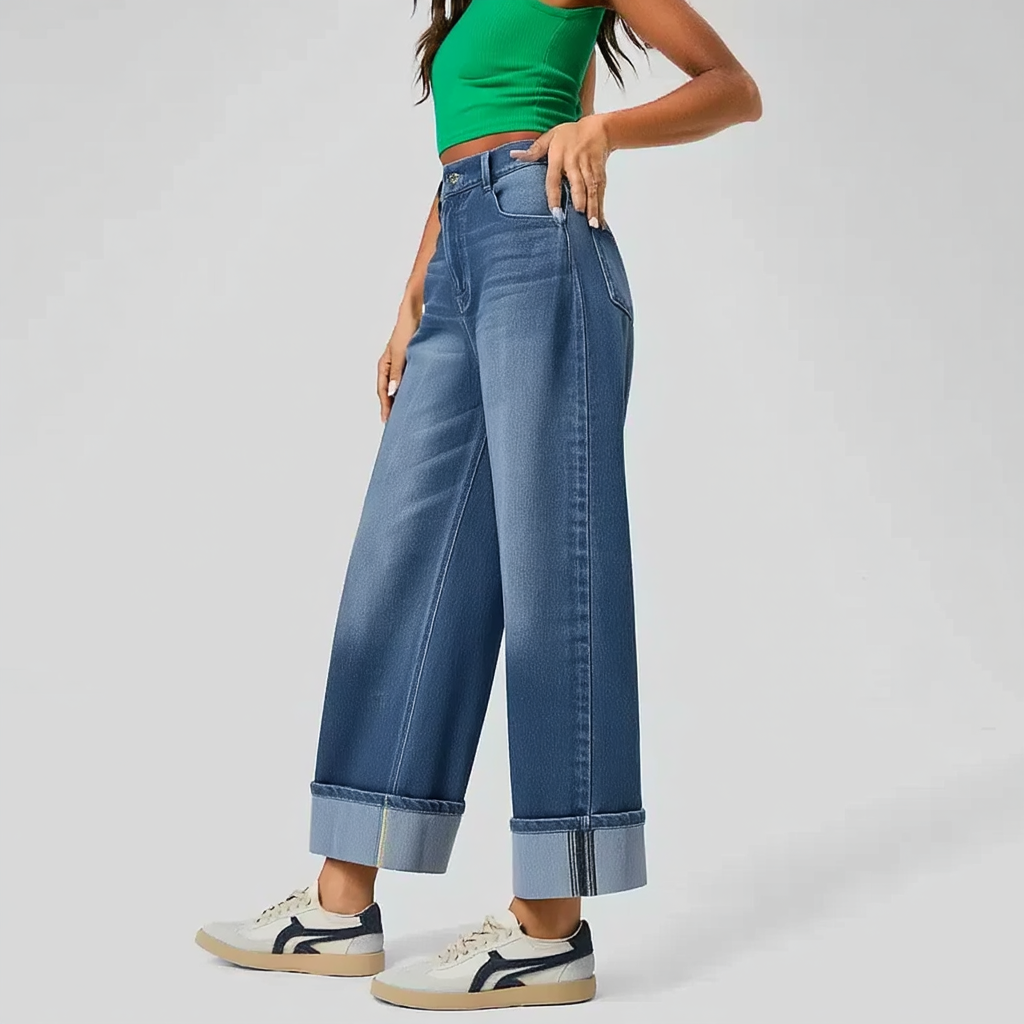 Manciaga Modern Wide-Leg Jeans for Women | Flattering High-Waisted Denim with Cuffed Hem UK