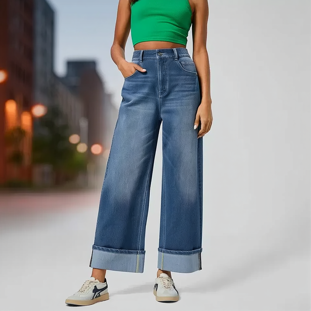 Manciaga Modern Wide-Leg Jeans for Women | Flattering High-Waisted Denim with Cuffed Hem UK