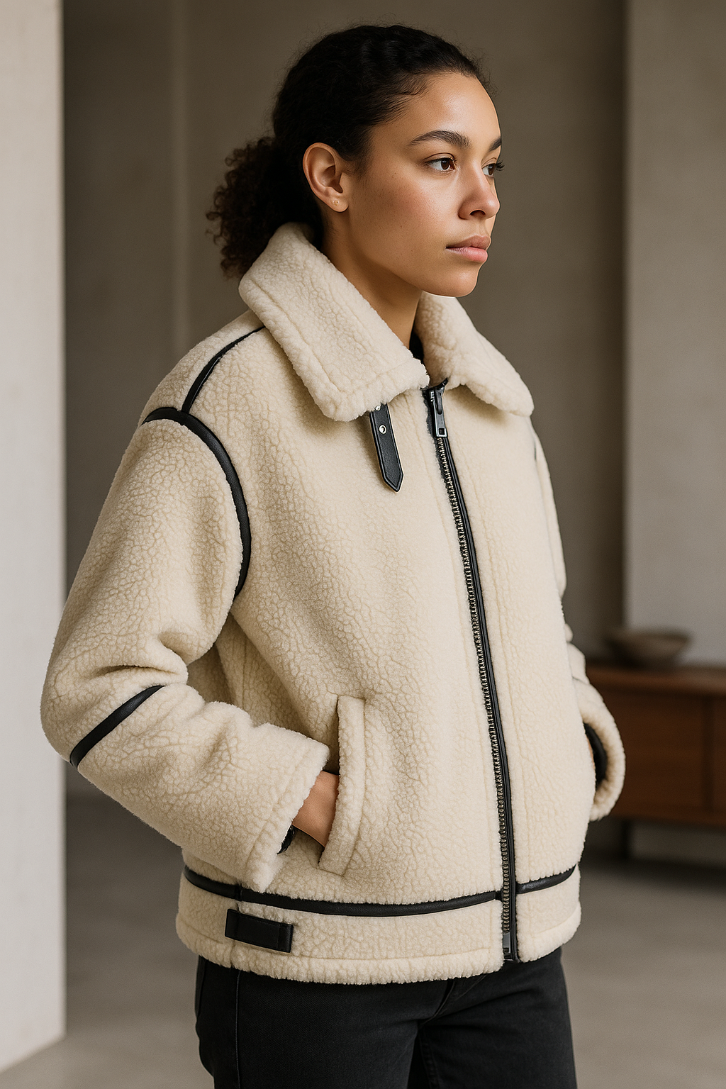 Teddy coat with contrast trim