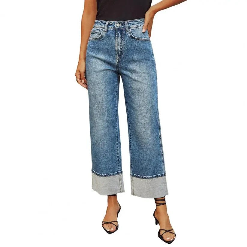 Manciaga Women’s Wide-Leg Cuffed Jeans – High-Waisted Denim UK