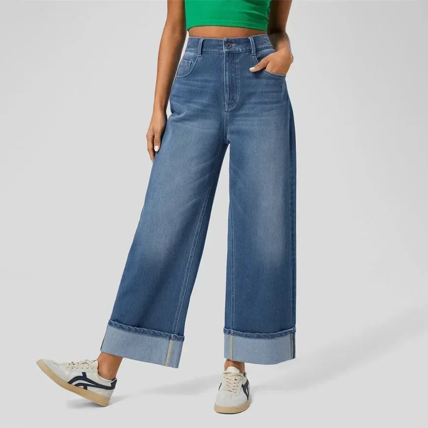 Manciaga Modern Wide-Leg Jeans for Women | Flattering High-Waisted Denim with Cuffed Hem UK
