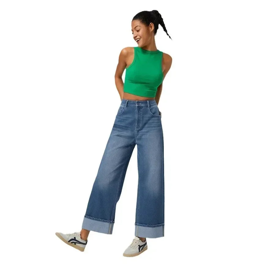 Manciaga Modern Wide-Leg Jeans for Women | Flattering High-Waisted Denim with Cuffed Hem UK