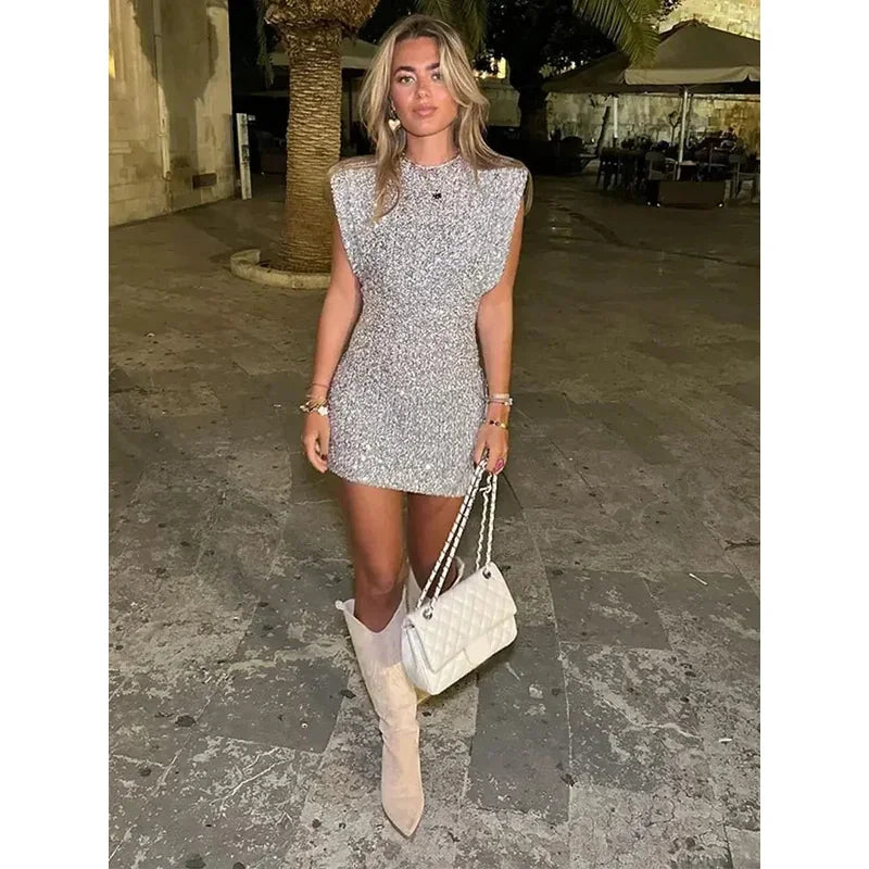 Metallic Sequin Mini Dress - Silver Glitter Structured Shoulder