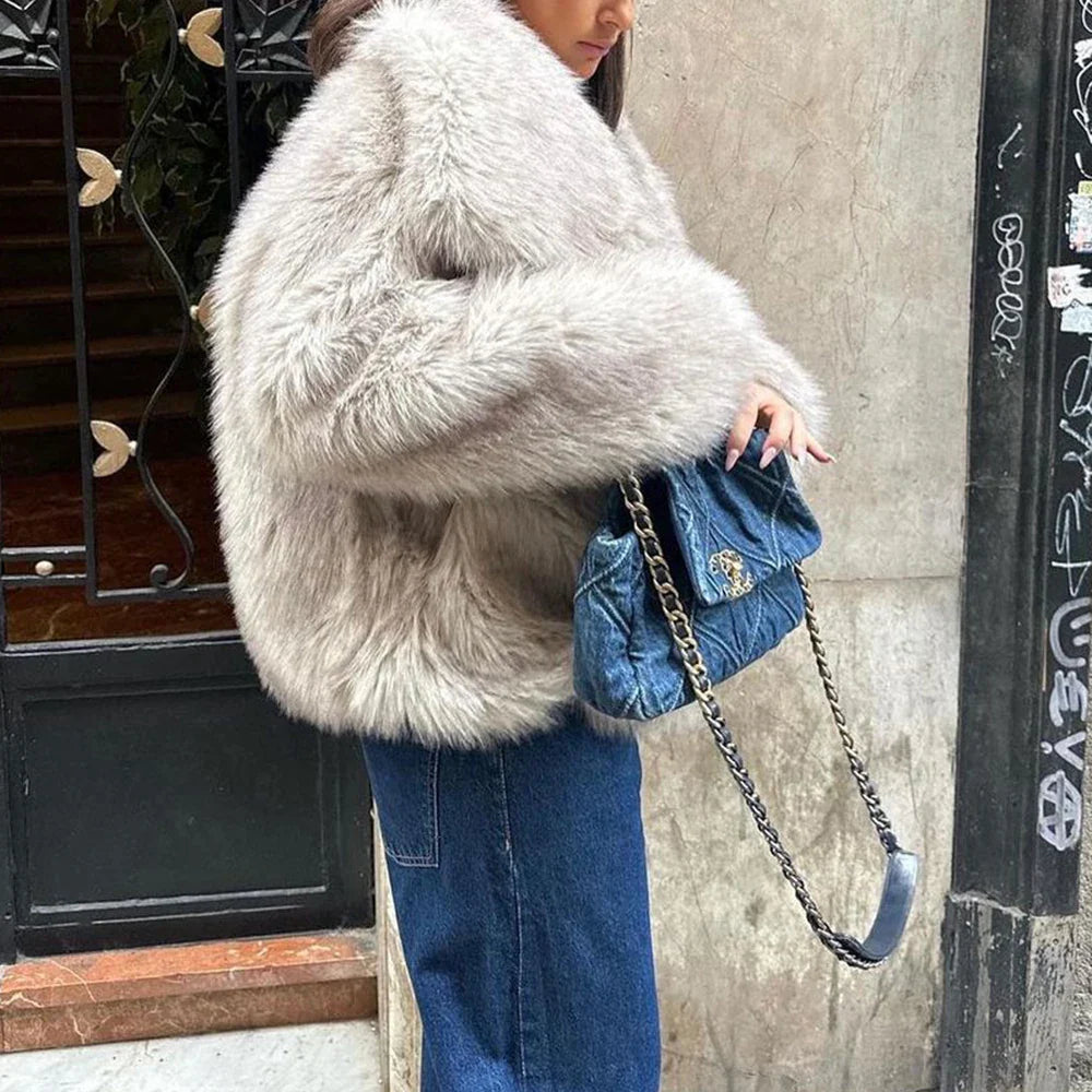 Beige Faux Fur Long Coat for Women – Warm and Stylish Outerwear
