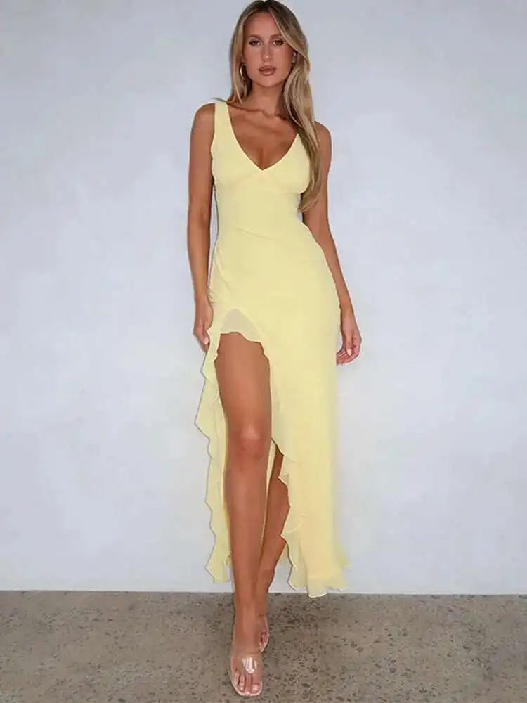 High Slit Maxi Dress – Butter Yellow Evening or Casual Wear