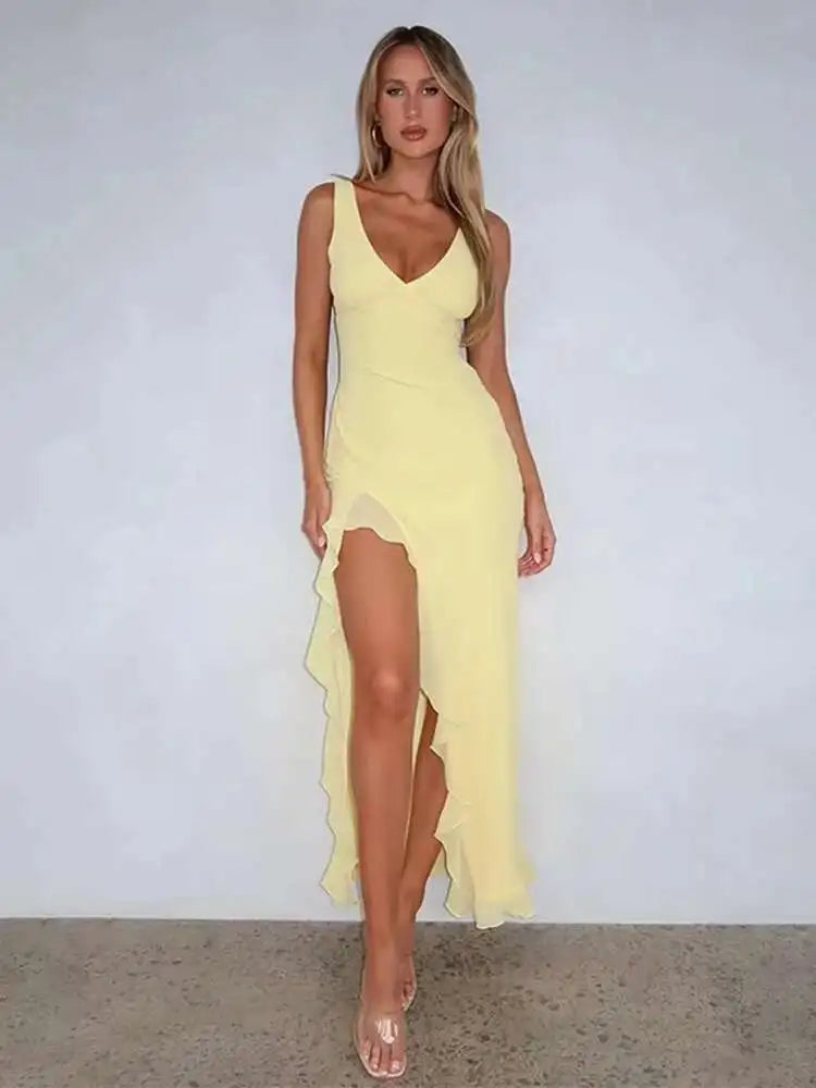 High Slit Maxi Dress – Butter Yellow Evening or Casual Wear