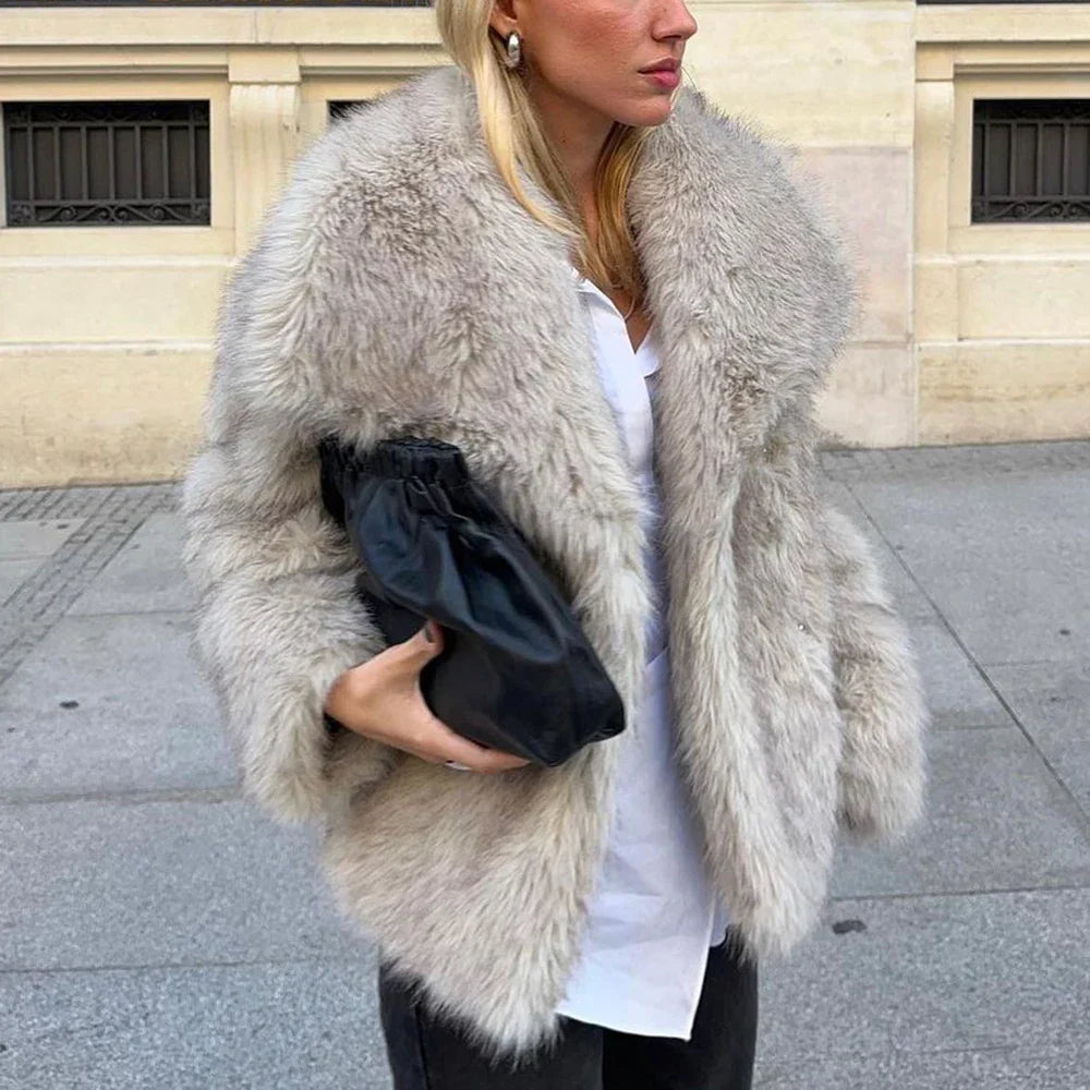 Beige Faux Fur Long Coat for Women – Warm and Stylish Outerwear
