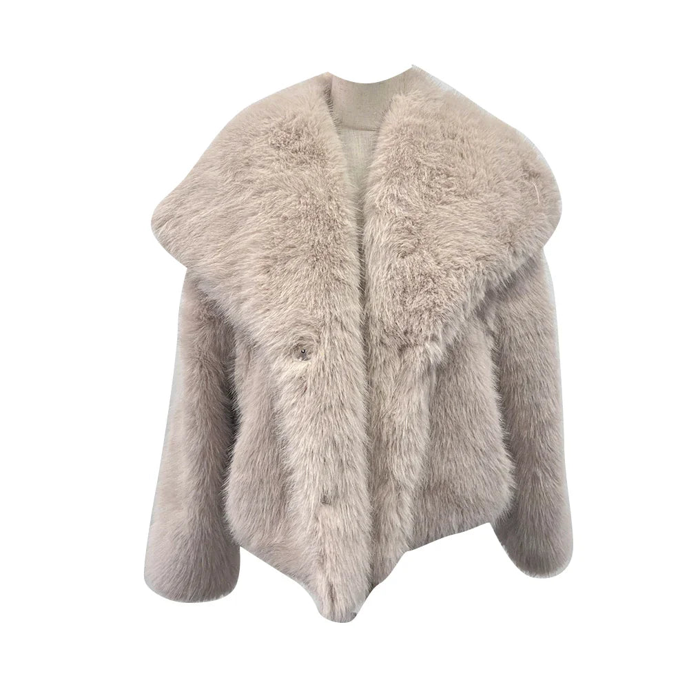 Beige Faux Fur Long Coat for Women – Warm and Stylish Outerwear