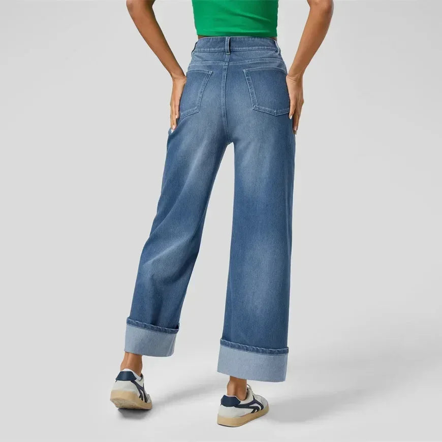 Manciaga Modern Wide-Leg Jeans for Women | Flattering High-Waisted Denim with Cuffed Hem UK