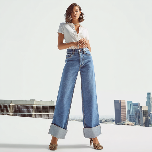 Manciaga Women’s High-Waisted Wide-Leg Jeans with Cuffed Hems – Trendy Denim UK