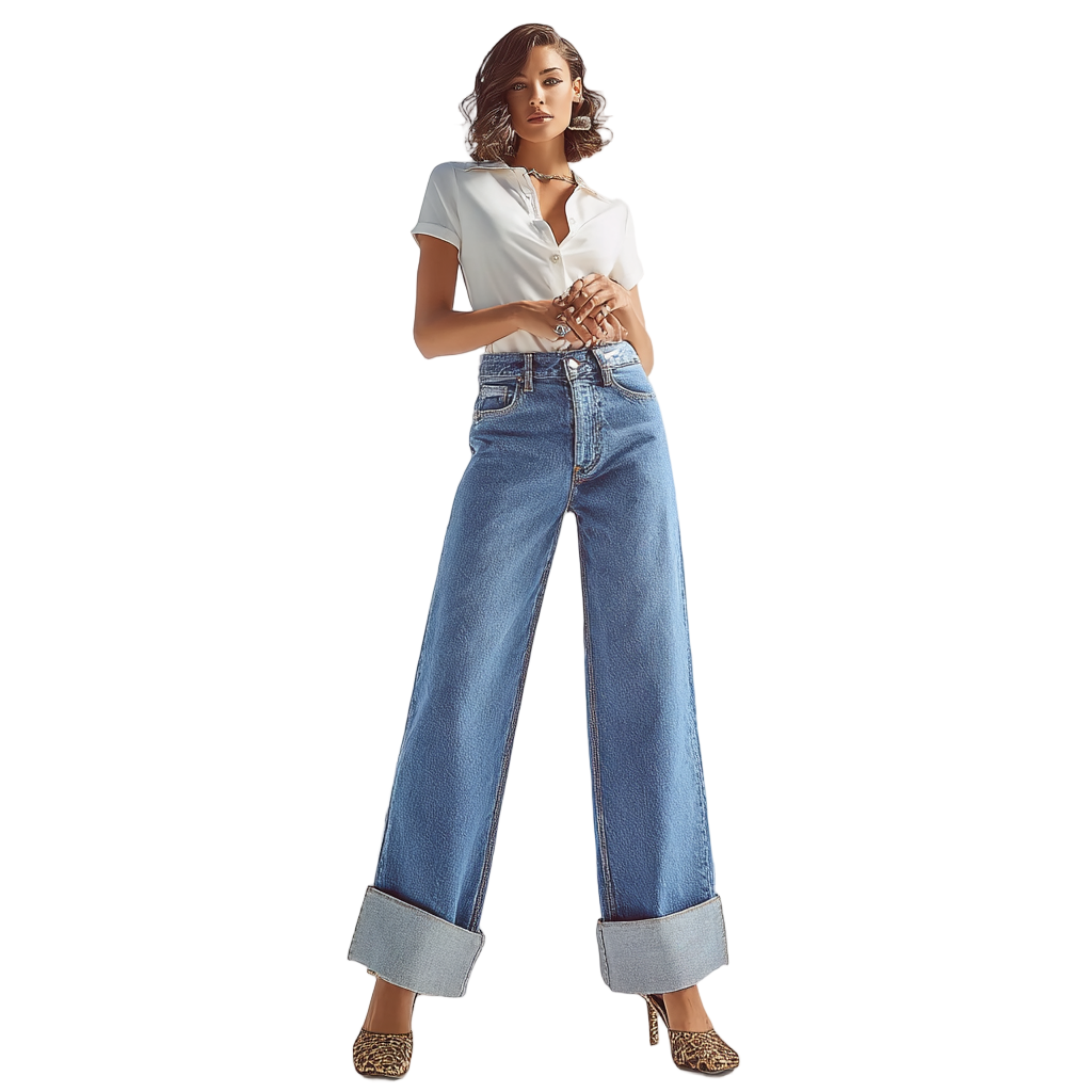 Woman wearing a white shirt and blue jeans on a white background