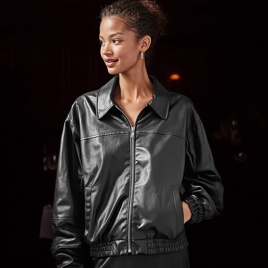Classic Oversized Black Leather Bomber Jacket – Relaxed Layering Style