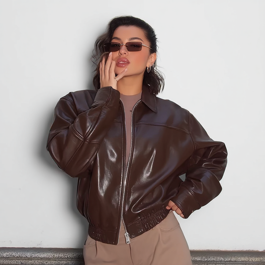 Chocolate Brown Leather Bomber Jacket – Oversized Vintage Outerwear