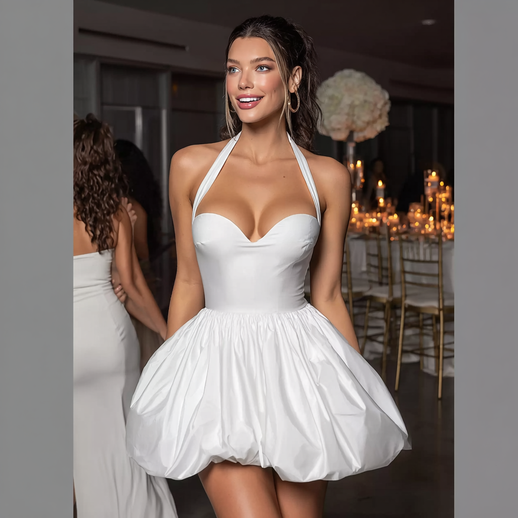 Bubble Skirt Mini Dress – White 
