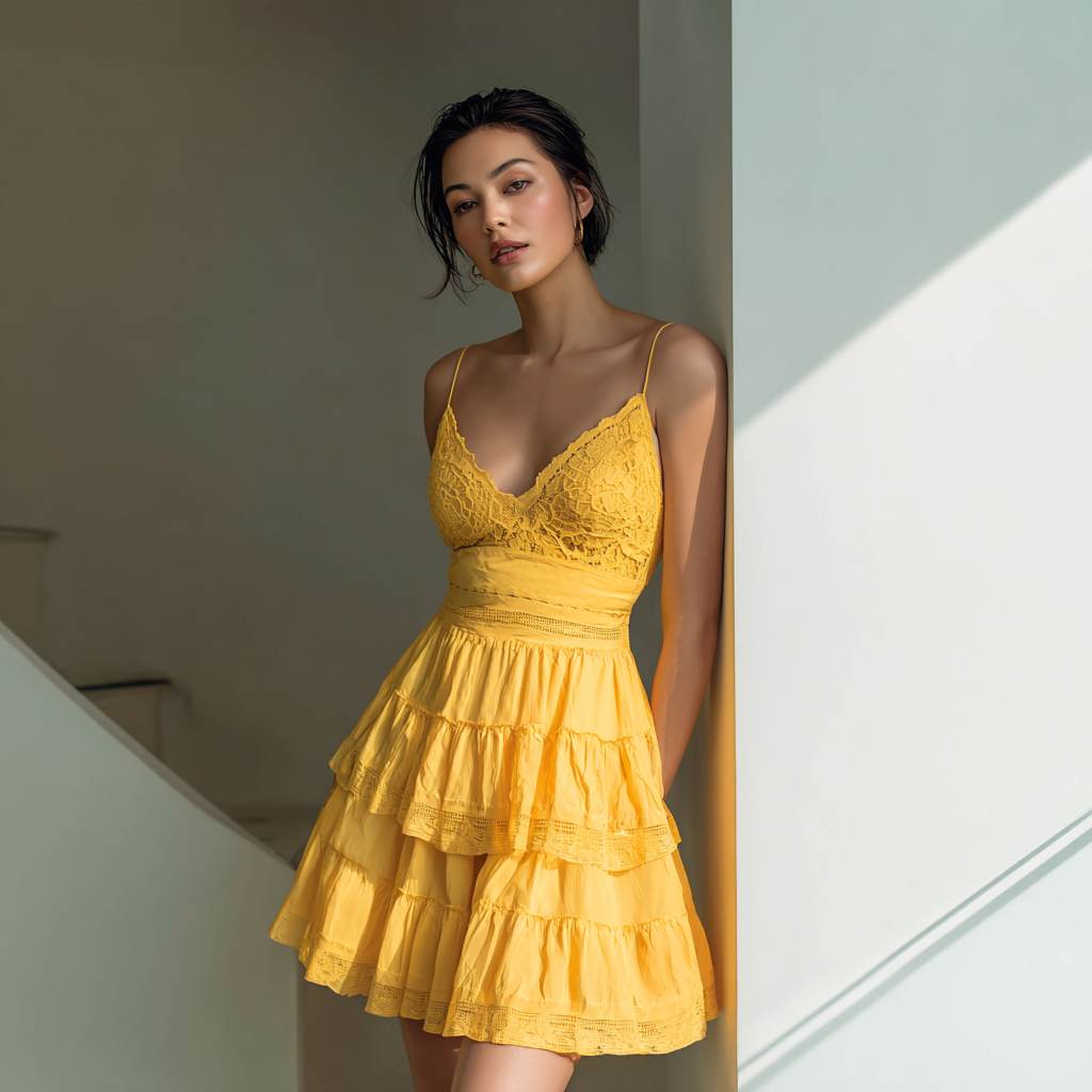 Yellow Lace Trim Mini Dress