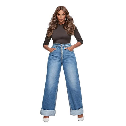 Woman wearing a black top and blue jeans on a white background