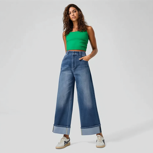 Manciaga Modern Wide-Leg Jeans for Women | Flattering High-Waisted Denim with Cuffed Hem UK