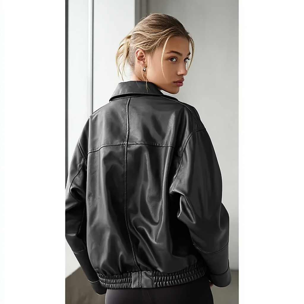 Classic Oversized Black Leather Bomber Jacket – Relaxed Layering Style