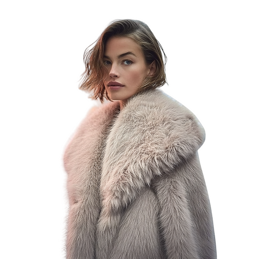 Woman wearing a fur coat on a white background