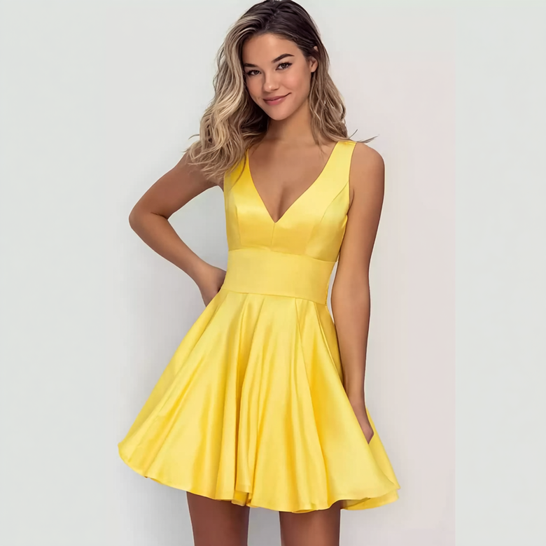 Yellow Deep Satin Mini Dress with V-Neck