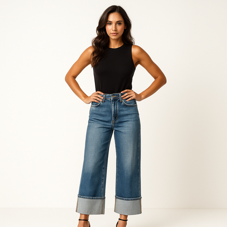 Manciaga Women’s Wide-Leg Cuffed Jeans – High-Waisted Denim UK