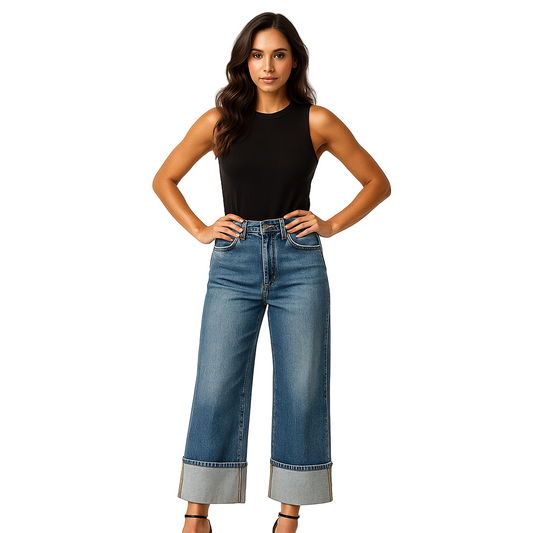 Woman wearing blue jeans and a black top on a white background