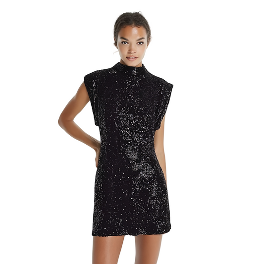 Black Sequin Mini Dress with Structured Shoulders – Party Statement Style