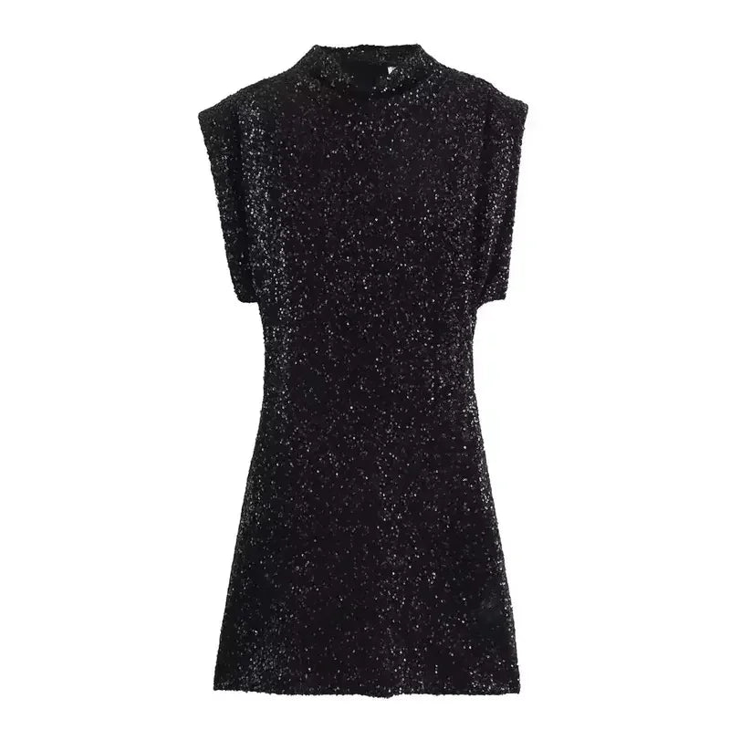 Black Sequin Mini Dress with Structured Shoulders – Party Statement Style
