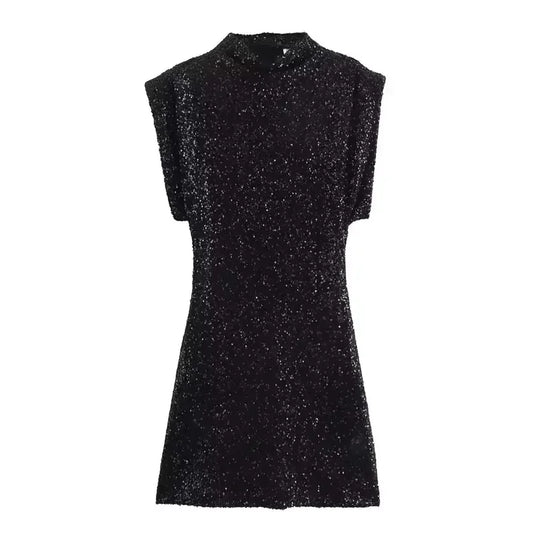Black Sequin Mini Dress with Structured Shoulders – Party Statement Style