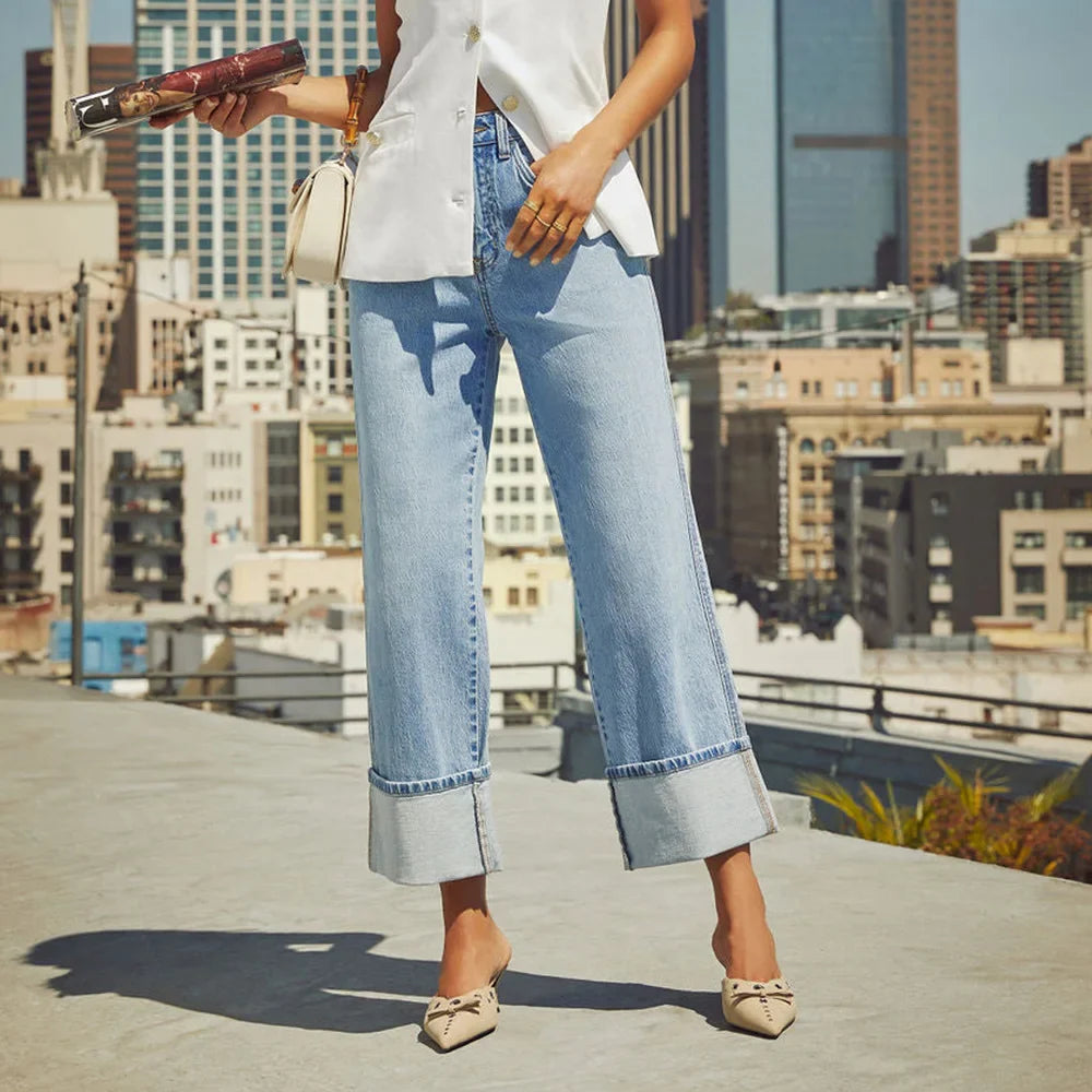 Manciaga Women’s High-Waisted Wide-Leg Jeans with Cuffed Hems – Trendy Denim UK