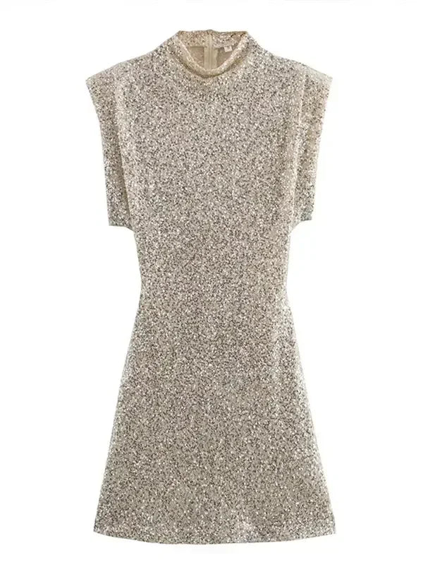Metallic Sequin Mini Dress - Silver Glitter Structured Shoulder