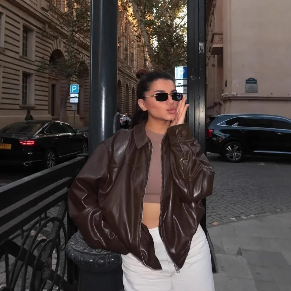 Chocolate Brown Leather Bomber Jacket – Oversized Vintage Outerwear