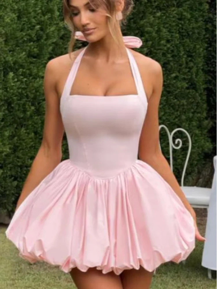 Bubble Skirt Mini Dress – Pink Satin Party Dress