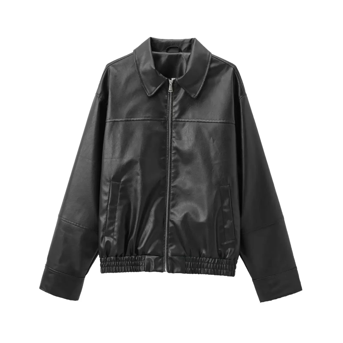 Classic Oversized Black Leather Bomber Jacket – Relaxed Layering Style
