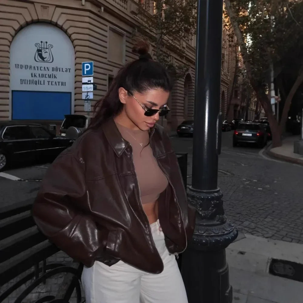 Chocolate Brown Leather Bomber Jacket – Oversized Vintage Outerwear