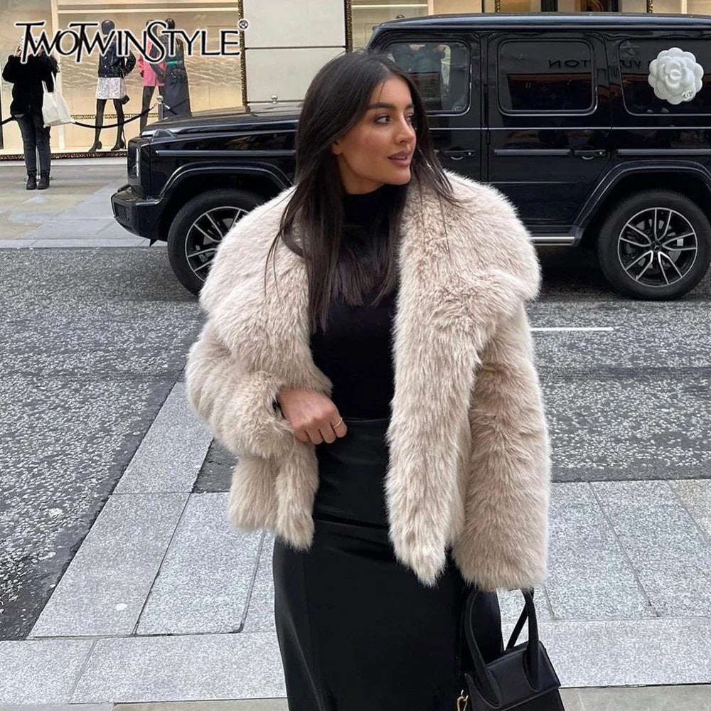 Beige Faux Fur Long Coat for Women – Warm and Stylish Outerwear