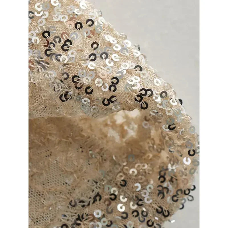Metallic Sequin Mini Dress - Silver Glitter Structured Shoulder