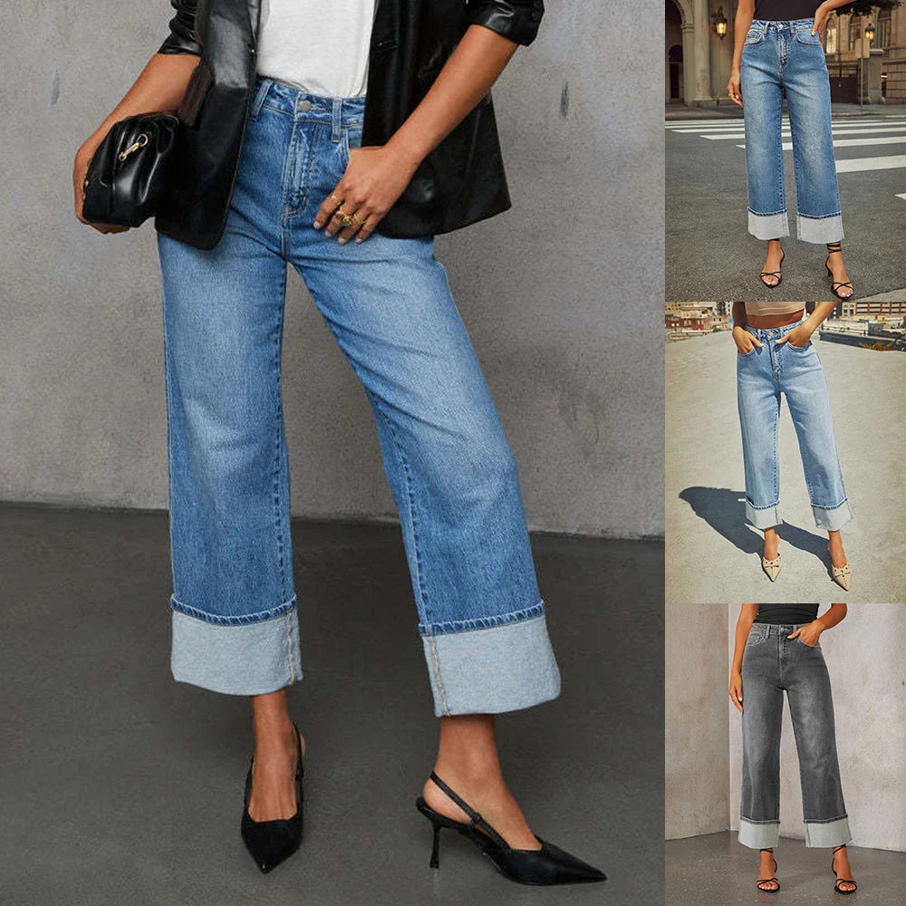 Manciaga Women’s High-Waisted Wide-Leg Jeans with Cuffed Hems – Trendy Denim UK