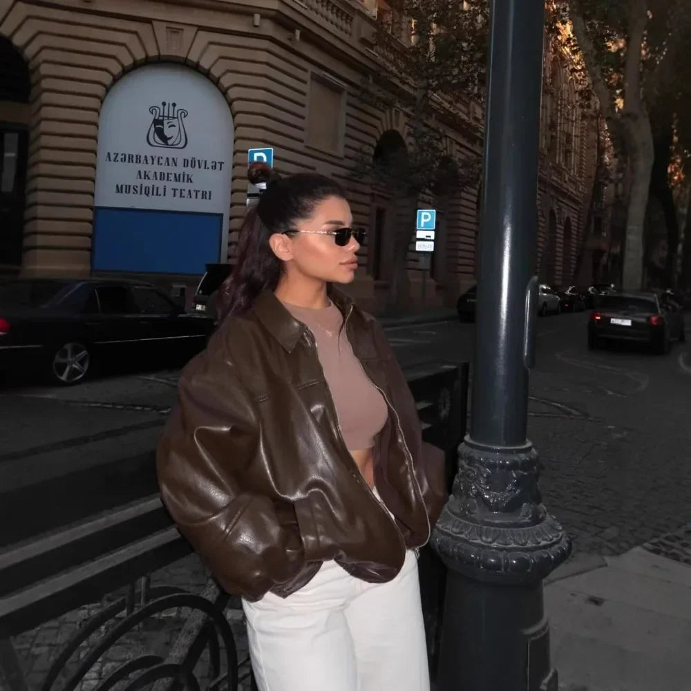 Chocolate Brown Leather Bomber Jacket – Oversized Vintage Outerwear