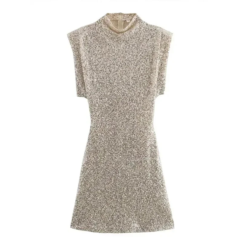 Metallic Sequin Mini Dress - Silver Glitter Structured Shoulder